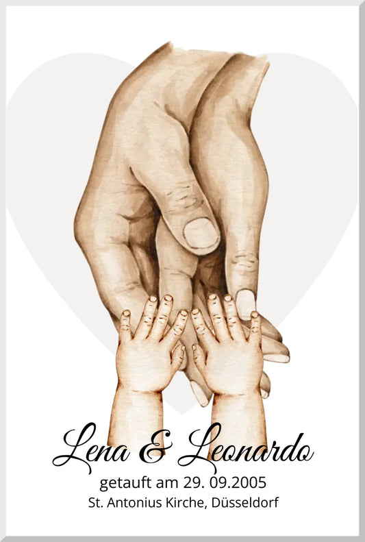 Personalisiertes Geschenk zur Taufer Hände | Bild Familie | Familienname | Namen Eltern | Kindername | personalisiertes Taufgeschenk Leinwanddruck Leinwandbild