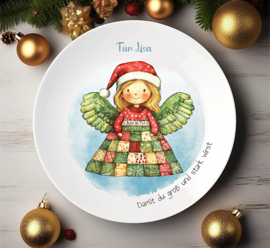 Personalisierter Weihnachtsteller / Nikolausteller mit Schutzengel & Namen, Geschenk für Kinder Mädchen Teller personalisiert 1x flacher Teller Durchmesser 23,5 cm - - nur innerhalb Deutschland lieferbar