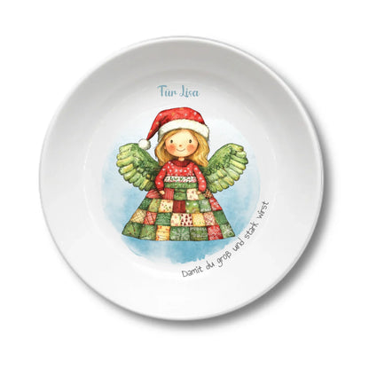 Personalisierter Weihnachtsteller / Nikolausteller mit Schutzengel & Namen, Geschenk für Kinder Mädchen Teller personalisiert 1x Kinderteller tief Durchmesser 190 ø, 500 ml - - nur innerhalb Deutschland lieferbar