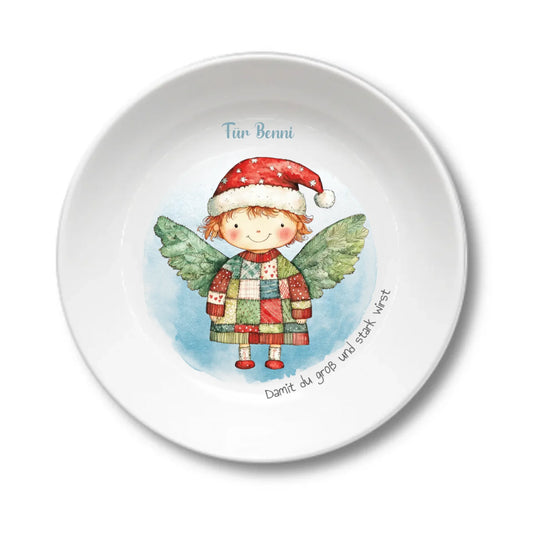 Personalisierter Weihnachtsteller / Nikolausteller mit Schutzengel & Namen, Geschenk für Kinder Teller personalisiert 1x Kinderteller tief Durchmesser 190 ø, 500 ml - - nur innerhalb Deutschland lieferbar