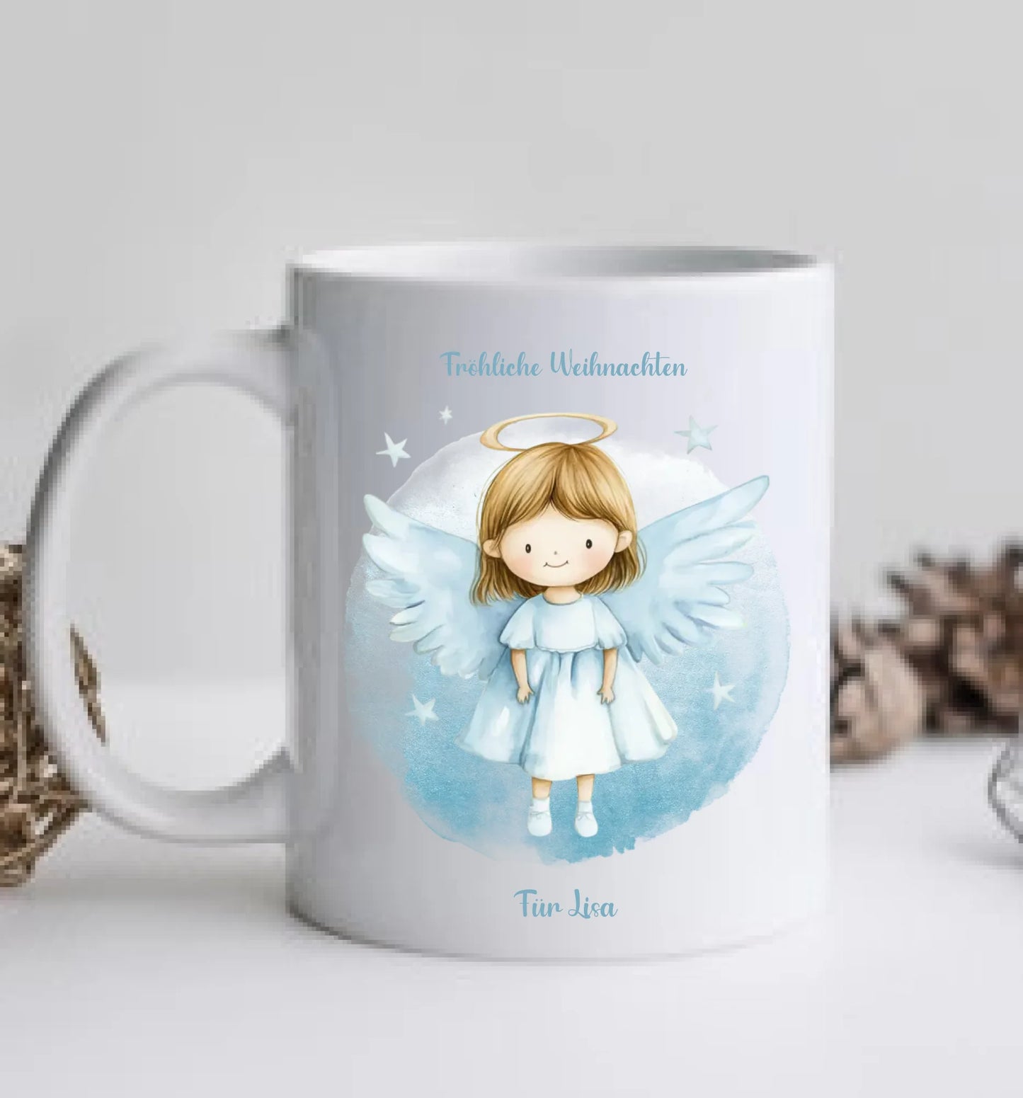 "Weihnachtsengel" Tasse - Personalisierte Tasse mit Schutzengel und Namen für Kinder blau