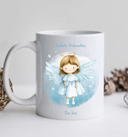 "Weihnachtsengel" Tasse - Personalisierte Tasse mit Schutzengel und Namen für Kinder blau