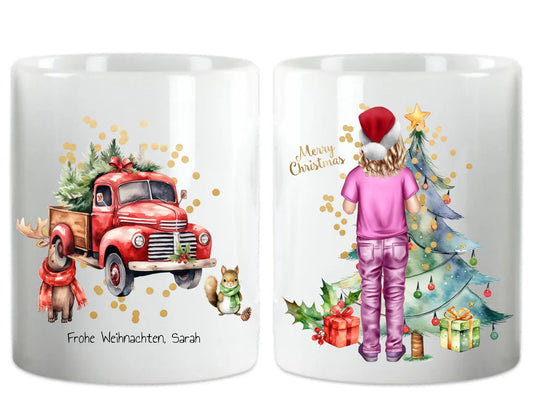 Personalisiertes Kinder Weihnachtsgeschenk Tasse / Teller Junge, Mädchen mit Name und Outfit