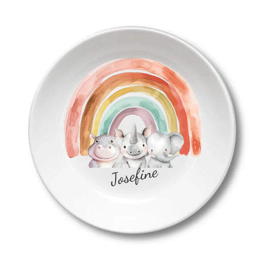 Kinderteller Regenbogen mit Namen & Safari-Dschungeltieren personalisiert, Kindergeschirr Geschenk zur Taufe, Geburt, Geburtstag und Weihnachten Teller personalisiert 1x Kinderteller tief Durchmesser 190 ø, 500 ml - - nur innerhalb Deutschland lieferbar