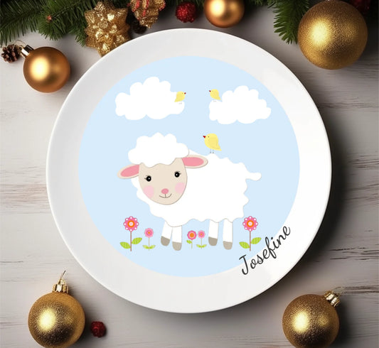 Kinderteller Schäfchen mit Namen personalisiert, Kindergeschirr Geschenk zur Taufe, Geburt, Geburtstag und Weihnachten Teller personalisiert