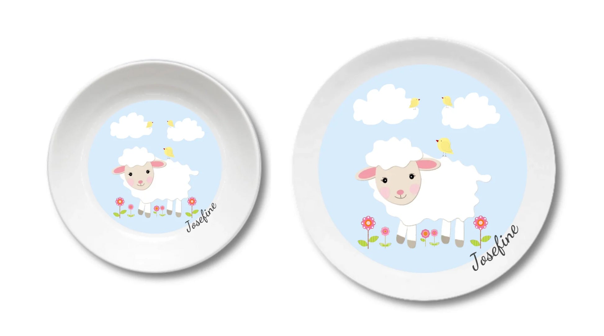 Kinderteller Schäfchen mit Namen personalisiert, Kindergeschirr Geschenk zur Taufe, Geburt, Geburtstag und Weihnachten Teller personalisiert Kinderteller + flacher Teller 190mm Ø + 235mm Ø - nur innerhalb Deutschland lieferbar