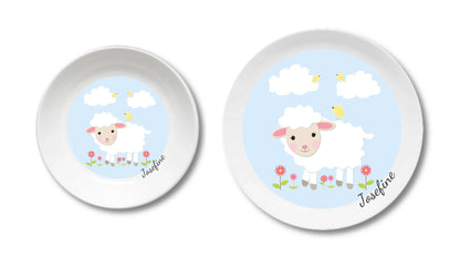 Kinderteller Schäfchen mit Namen personalisiert, Kindergeschirr Geschenk zur Taufe, Geburt, Geburtstag und Weihnachten Teller personalisiert Kinderteller + flacher Teller 190mm Ø + 235mm Ø - nur innerhalb Deutschland lieferbar
