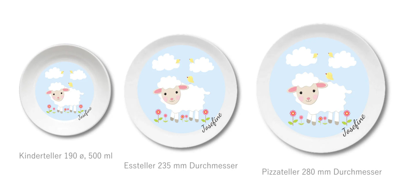 Kinderteller Schäfchen mit Namen personalisiert, Kindergeschirr Geschenk zur Taufe, Geburt, Geburtstag und Weihnachten
