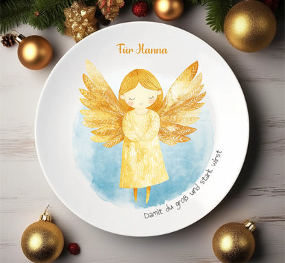 Personalisierter Weihnachtsteller / Nikolausteller mit Schutzengel & Namen, Geschenk für Kinder Mädchen 3 Teller personalisiert 1x flacher Teller Durchmesser 23,5 cm - - nur innerhalb Deutschland lieferbar