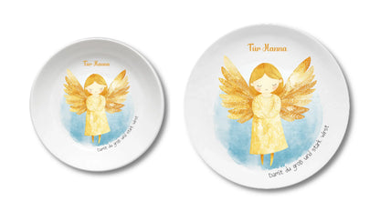 Personalisierter Weihnachtsteller / Nikolausteller mit Schutzengel & Namen, Geschenk für Kinder Mädchen 3 Teller personalisiert Kinderteller + flacher Teller 190mm Ø + 235mm Ø - nur innerhalb Deutschland lieferbar