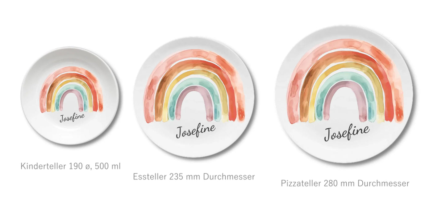 Kinderteller mit Regenbogen & Namen personalisiert, Kindergeschirr Geschenk zur Taufe, Geburt, Geburtstag und Weihnachten