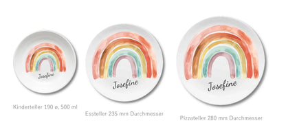 Kinderteller mit Regenbogen & Namen personalisiert, Kindergeschirr Geschenk zur Taufe, Geburt, Geburtstag und Weihnachten