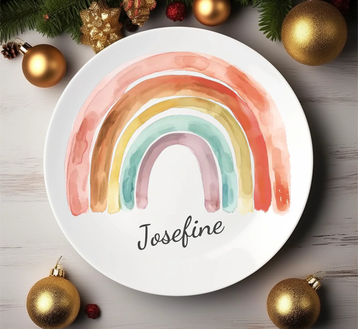 Kinderteller mit Regenbogen & Namen personalisiert, Kindergeschirr Geschenk zur Taufe, Geburt, Geburtstag und Weihnachten Teller personalisiert 1x flacher Teller Durchmesser 23,5 cm - - nur innerhalb Deutschland lieferbar