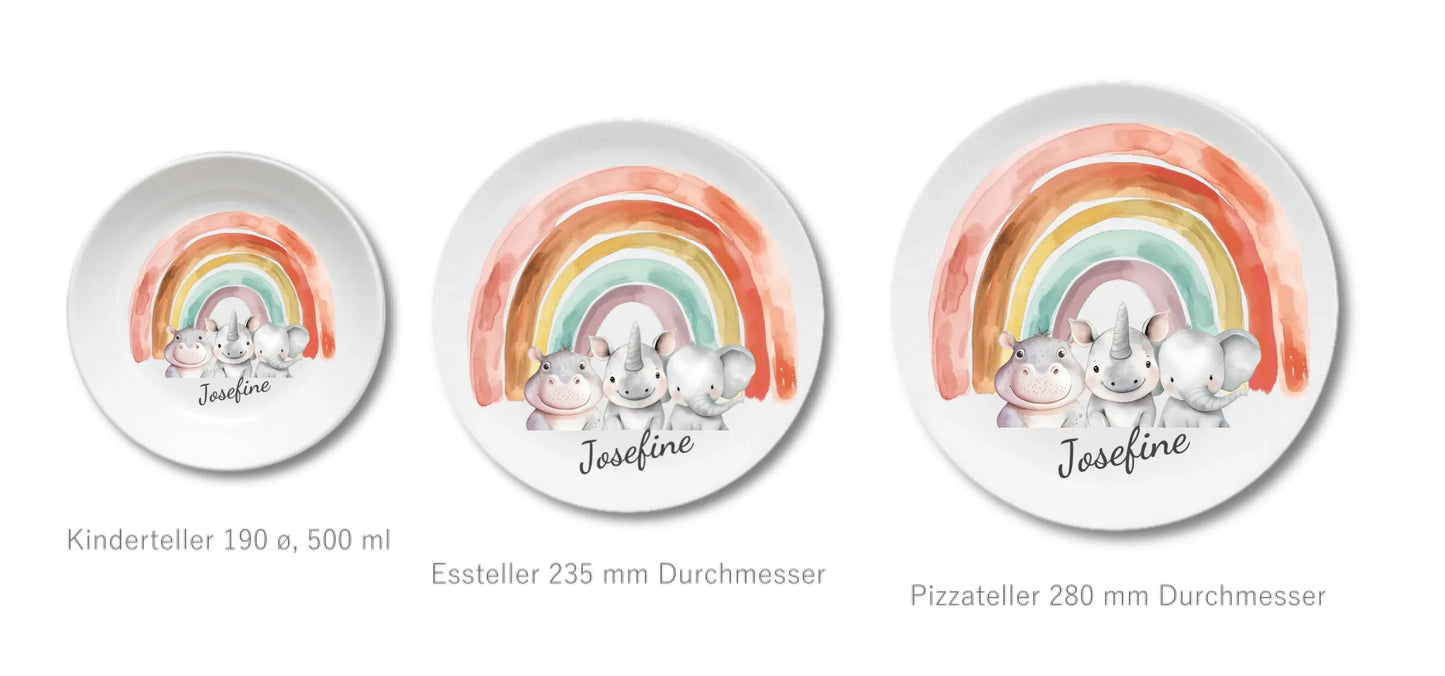 Kinderteller Regenbogen mit Namen & Safari-Dschungeltieren personalisiert, Kindergeschirr Geschenk zur Taufe, Geburt, Geburtstag und Weihnachten