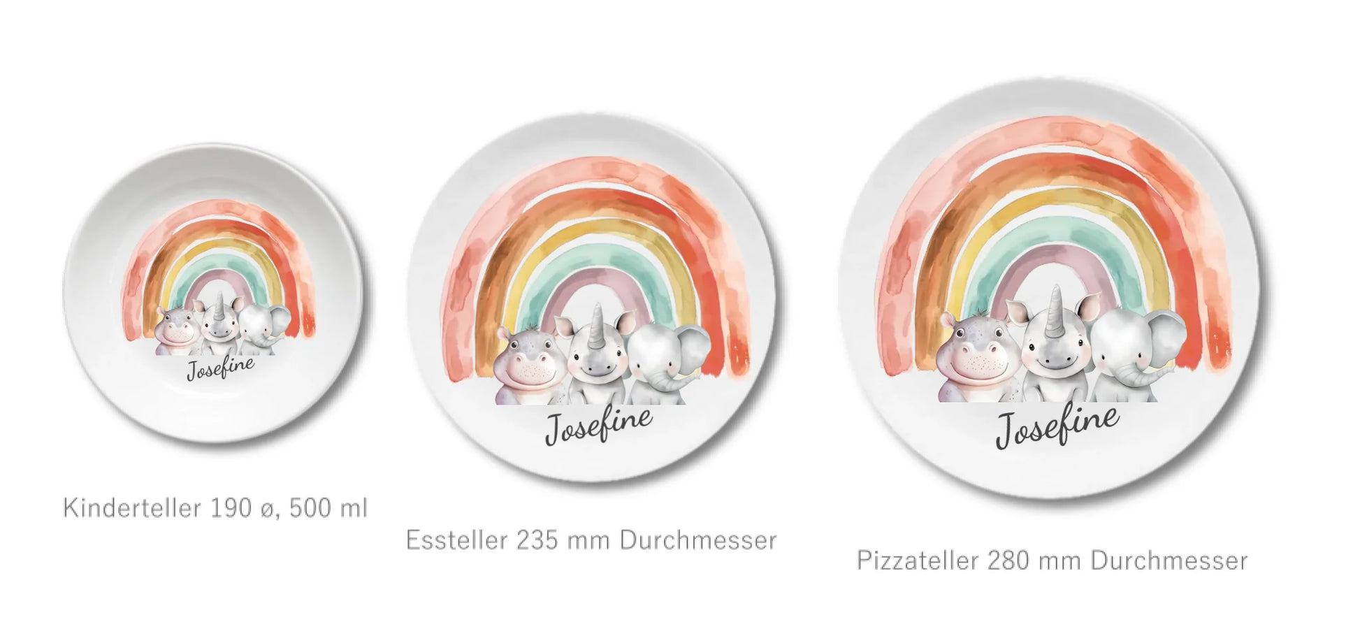 Kinderteller Regenbogen mit Namen & Safari-Dschungeltieren personalisiert, Kindergeschirr Geschenk zur Taufe, Geburt, Geburtstag und Weihnachten