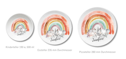 Kinderteller Regenbogen mit Namen & Safari-Dschungeltieren personalisiert, Kindergeschirr Geschenk zur Taufe, Geburt, Geburtstag und Weihnachten