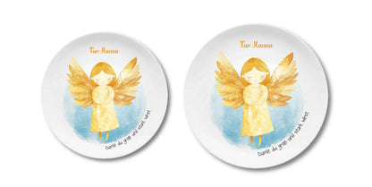Personalisierter Weihnachtsteller / Nikolausteller mit Schutzengel & Namen, Geschenk für Kinder Mädchen 3 Teller personalisiert Flacher Teller + Pizzateller 235 ø + 280 ø - - nur innerhalb Deutschland lieferbar