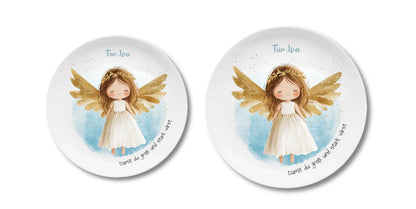 Personalisierter Weihnachtsteller / Nikolausteller mit Schutzengel & Namen, Geschenk für Kinder Mädchen 2 Teller personalisiert Flacher Teller + Pizzateller 235 ø + 280 ø - - nur innerhalb Deutschland lieferbar