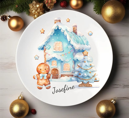 Kinderteller Lebkuchenhaus - Weihnachtsteller mit Namen personalisiert, Kindergeschirr blau Teller personalisiert 1x flacher Teller Durchmesser 23,5 cm - - nur innerhalb Deutschland lieferbar