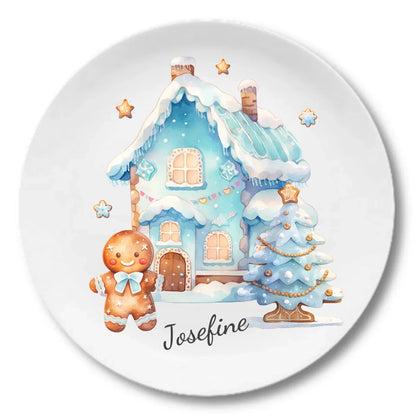 Kinderteller Lebkuchenhaus - Weihnachtsteller mit Namen personalisiert, Kindergeschirr blau Teller personalisiert 1x Pizzateller Durchmesser 280 ø - - nur innerhalb Deutschland lieferbar