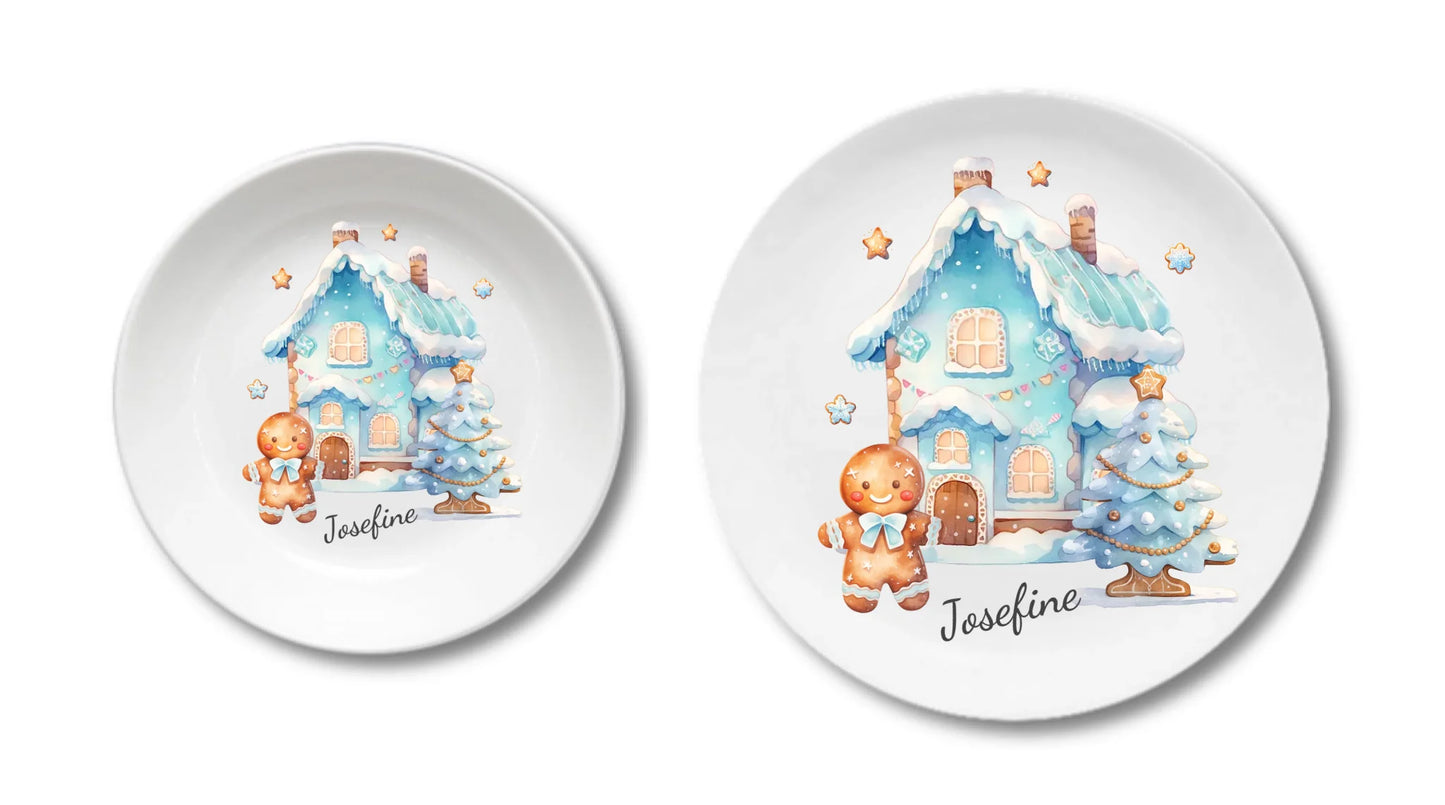 Kinderteller Lebkuchenhaus - Weihnachtsteller mit Namen personalisiert, Kindergeschirr blau Teller personalisiert Kinderteller + flacher Teller 190mm Ø + 235mm Ø - nur innerhalb Deutschland lieferbar