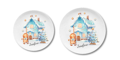 Kinderteller Lebkuchenhaus - Weihnachtsteller mit Namen personalisiert, Kindergeschirr blau Teller personalisiert Flacher Teller + Pizzateller 235 ø + 280 ø - - nur innerhalb Deutschland lieferbar