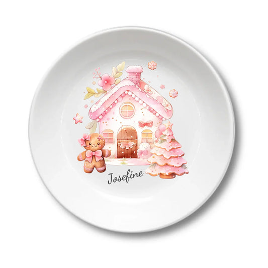 Kinderteller Lebkuchenhaus - Weihnachtsteller mit Namen personalisiert, Kindergeschirr pink Teller personalisiert 1x Kinderteller tief Durchmesser 190 ø, 500 ml - - nur innerhalb Deutschland lieferbar