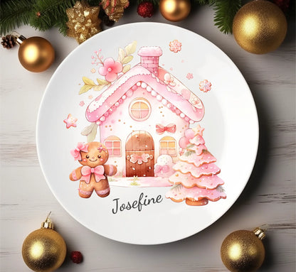 Kinderteller Lebkuchenhaus - Weihnachtsteller mit Namen personalisiert, Kindergeschirr pink Teller personalisiert 1x flacher Teller Durchmesser 23,5 cm - - nur innerhalb Deutschland lieferbar