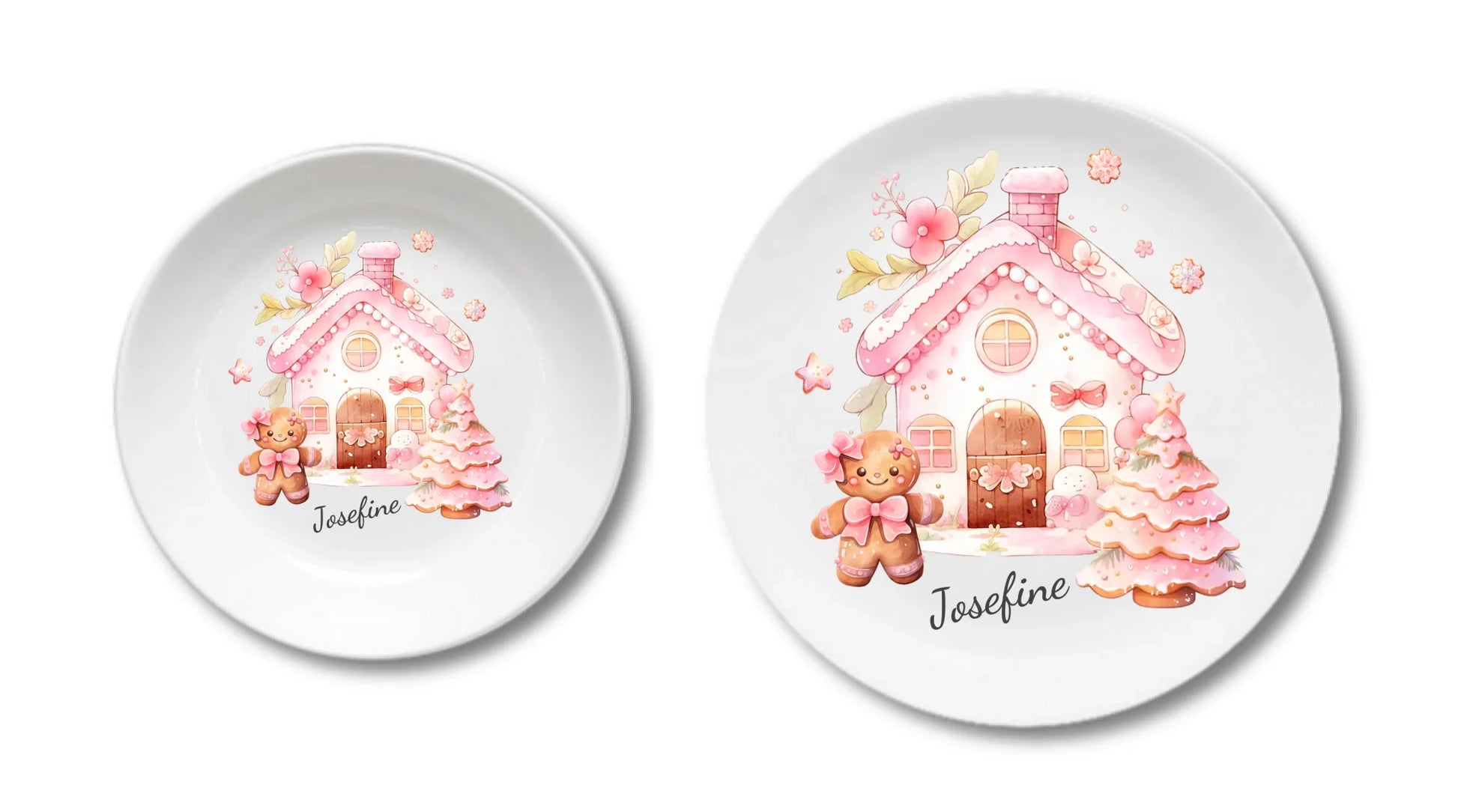 Kinderteller Lebkuchenhaus - Weihnachtsteller mit Namen personalisiert, Kindergeschirr pink Teller personalisiert Kinderteller + flacher Teller 190mm Ø + 235mm Ø - nur innerhalb Deutschland lieferbar