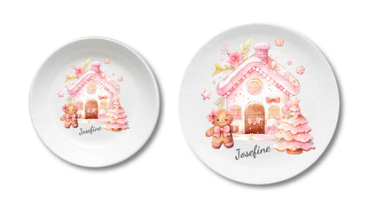 Kinderteller Lebkuchenhaus - Weihnachtsteller mit Namen personalisiert, Kindergeschirr pink Teller personalisiert Kinderteller + flacher Teller 190mm Ø + 235mm Ø - nur innerhalb Deutschland lieferbar
