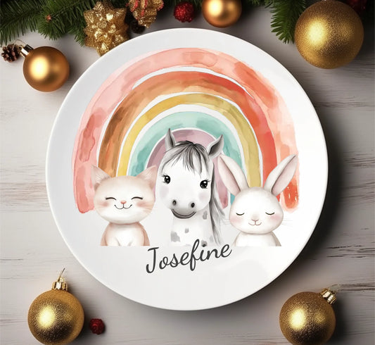 Kinderteller Regenbogen mit Namen & Farmtieren personalisiert, Kindergeschirr Geschenk zur Taufe, Geburt, Geburtstag und Weihnachten 2 Teller personalisiert 1x flacher Teller Durchmesser 23,5 cm - - nur innerhalb Deutschland lieferbar