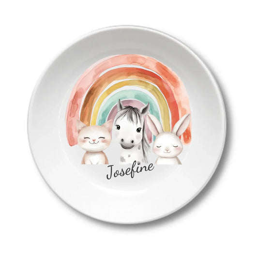Kinderteller Regenbogen mit Namen & Farmtieren personalisiert, Kindergeschirr Geschenk zur Taufe, Geburt, Geburtstag und Weihnachten 2 Teller personalisiert 1x Kinderteller tief Durchmesser 190 ø, 500 ml - - nur innerhalb Deutschland lieferbar