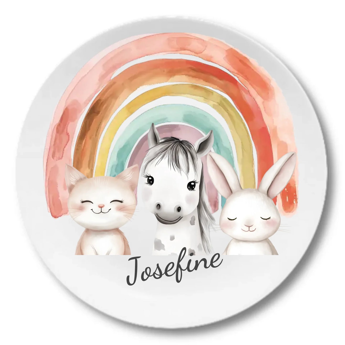 Kinderteller Regenbogen mit Namen & Farmtieren personalisiert, Kindergeschirr Geschenk zur Taufe, Geburt, Geburtstag und Weihnachten 2 Teller personalisiert 1x Pizzateller Durchmesser 280 ø - - nur innerhalb Deutschland lieferbar