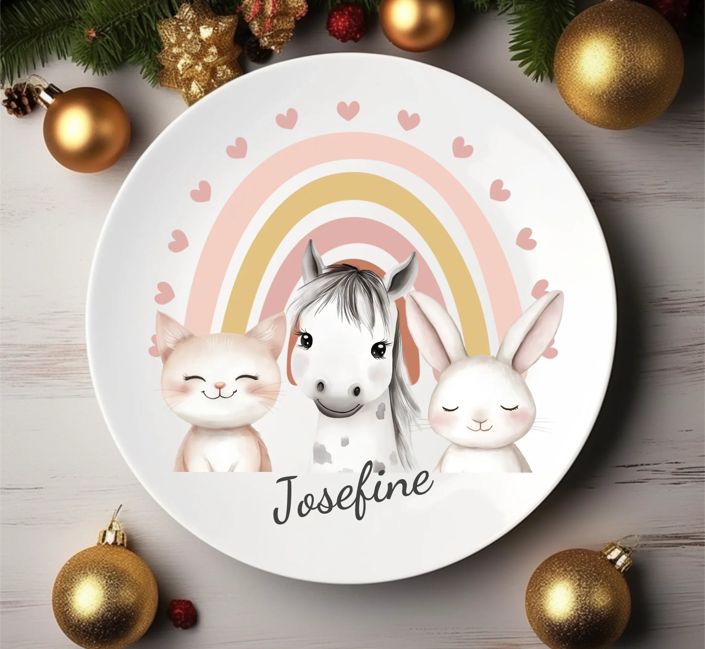 Kinderteller Regenbogen mit Namen & Farmtieren personalisiert, Kindergeschirr Geschenk zur Taufe, Geburt, Geburtstag und Weihnachten 2 copy Teller personalisiert 1x flacher Teller Durchmesser 23,5 cm - - nur innerhalb Deutschland lieferbar