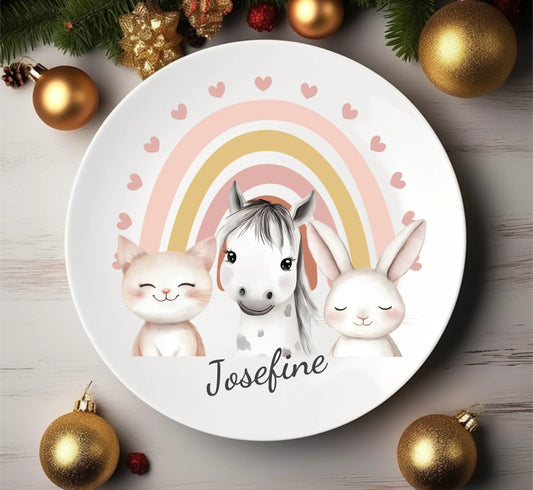 Kinderteller Regenbogen mit Namen & Farmtieren personalisiert, Kindergeschirr Geschenk zur Taufe, Geburt, Geburtstag und Weihnachten 2 copy Teller personalisiert 1x flacher Teller Durchmesser 23,5 cm - - nur innerhalb Deutschland lieferbar
