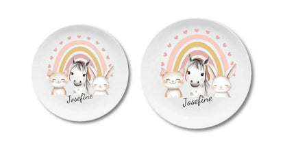 Kinderteller Regenbogen mit Namen & Farmtieren personalisiert, Kindergeschirr Geschenk zur Taufe, Geburt, Geburtstag und Weihnachten 2 copy Teller personalisiert Flacher Teller + Pizzateller 235 ø + 280 ø - - nur innerhalb Deutschland lieferbar