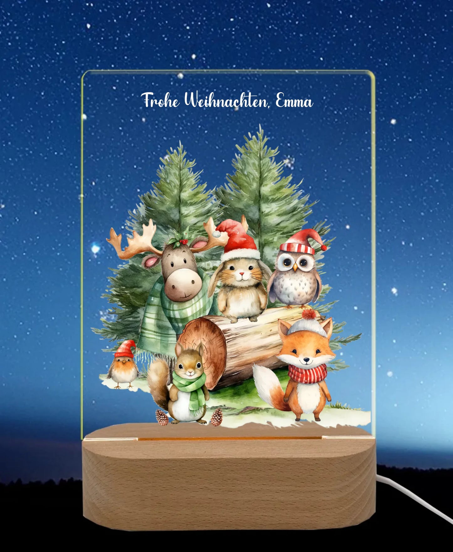 Personalisiertes LED Nachtlicht für Kinder - Frohe Weihnachten - Weihnacht Tiere LED-Nachtlicht für Erwachsene & Kinder rechteckig Transparent