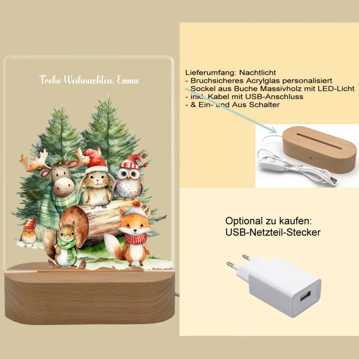 Personalisiertes LED Nachtlicht für Kinder - Frohe Weihnachten - Weihnacht Tiere