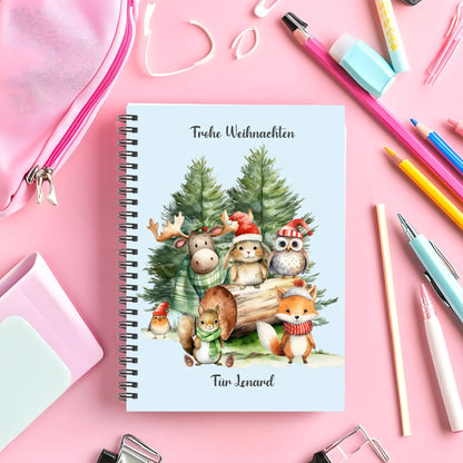 Collegeblock / Notizheft Kinder Weihnachtsgeschenk personalisiert, Hausaufgabenheft Waldtiere