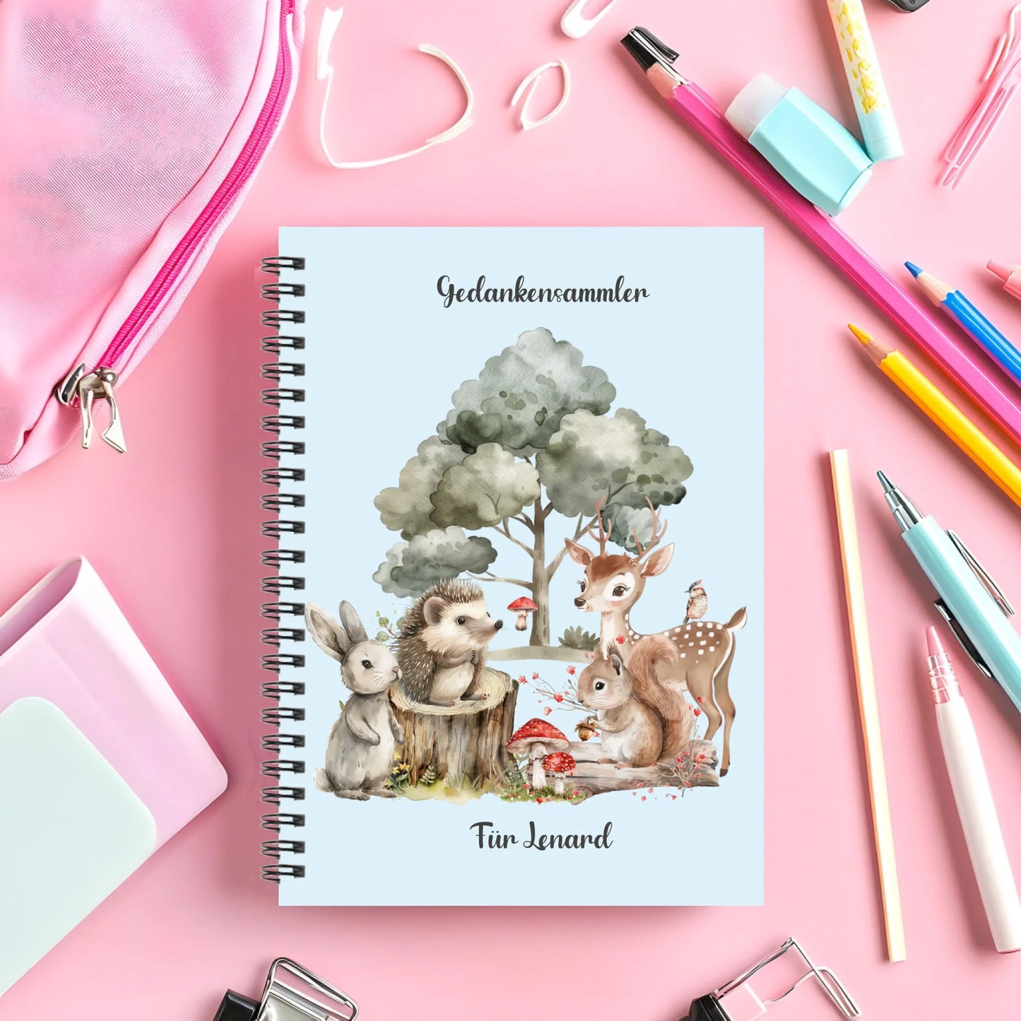 Collegeblock / Notizheft Kinder Weihnachtsgeschenk personalisiert, Hausaufgabenheft Waldtiere