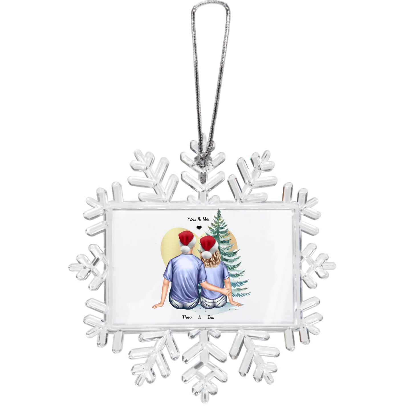 Weihnachtsbaum Ornament Schneeflocke Paar mit Wunschtext personalisiert. Baumschmuck, Baumanhänger. Geschenkanhänger