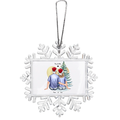 Weihnachtsbaum Ornament Schneeflocke Paar mit Wunschtext personalisiert. Baumschmuck, Baumanhänger. Geschenkanhänger