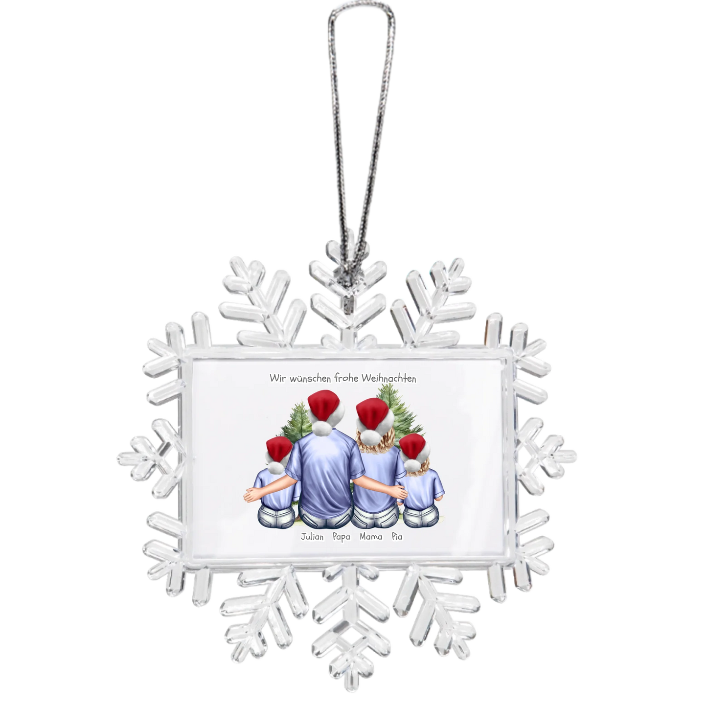 Weihnachtsbaum Ornament Schneeflocke mit Familie mit 2 Kindern personalisiert. Baumschmuck, Baumanhänger. Geschenkanhänger