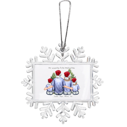 Weihnachtsbaum Ornament Schneeflocke mit Familie mit 2 Kindern personalisiert. Baumschmuck, Baumanhänger. Geschenkanhänger