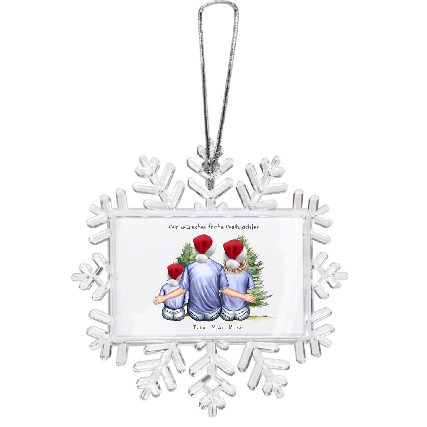 Weihnachtsbaum Ornament Schneeflocke Familie mit 1 Kind personalisiert. Baumschmuck, Baumanhänger. Geschenkanhänger