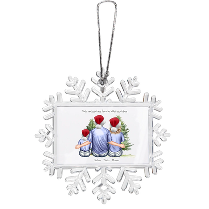 Weihnachtsbaum Ornament Schneeflocke Familie mit 1 Kind personalisiert. Baumschmuck, Baumanhänger. Geschenkanhänger