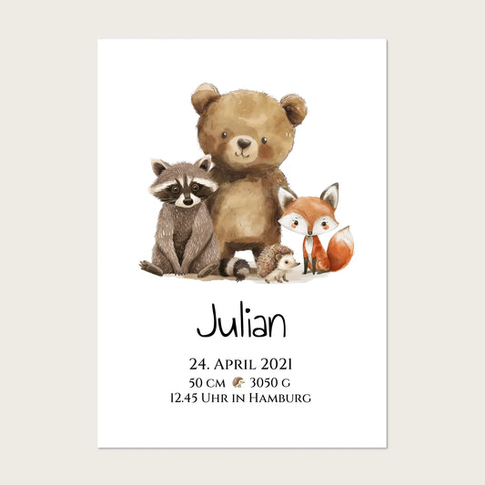 Personalisiertes Kinderposter Geschenk zur Geburt und Taufe - Waldtiere Kinderkissen & Kinderdecke !!! Digitale Datei zum Selberdrucken - kein Poster !!! Digitale Datei zum Selberdrucken - kein Poster A4 A3 A2