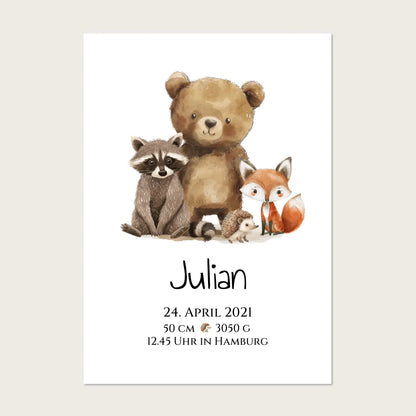 Personalisiertes Kinderposter Geschenk zur Geburt und Taufe - Waldtiere Kinderkissen & Kinderdecke Posters Poster