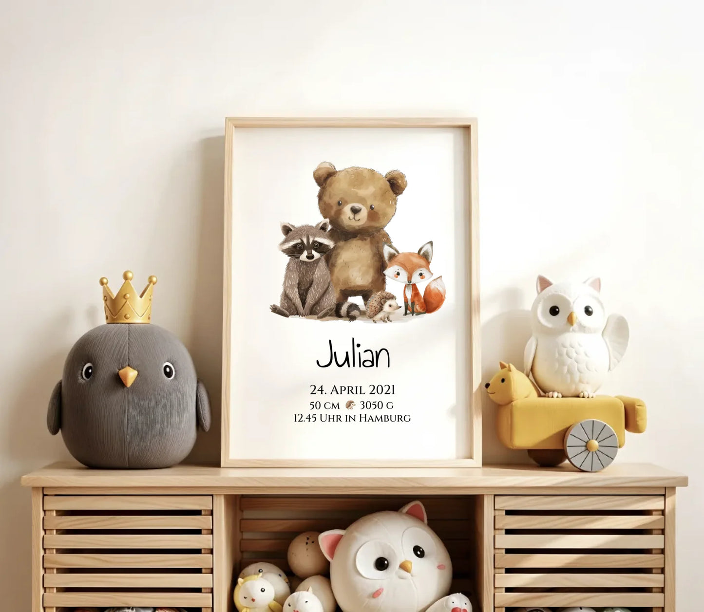 Personalisiertes Kinderposter Geschenk zur Geburt und Taufe - Waldtiere Kinderkissen & Kinderdecke