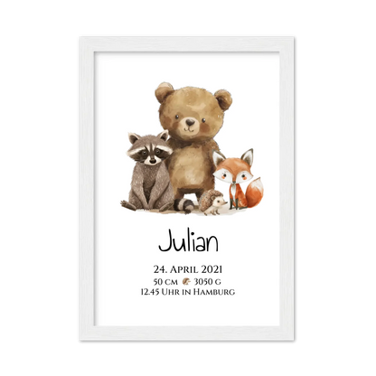 Personalisiertes Kinderposter Geschenk zur Geburt und Taufe - Waldtiere Kinderkissen & Kinderdecke Gerahmtes Poster weiß Holzflair Weiß